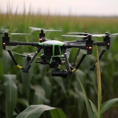 Closeup of a drone in a field of green corn stalks. Drone filming or monitoring corn field. Amazing landscape of corn field. Realistic 3D illustration. Generative AI