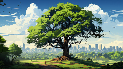 big tree in the middle of the scene, with city background AI generative