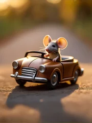 Fototapeten mouse driving a vintage car on the street © alejandro