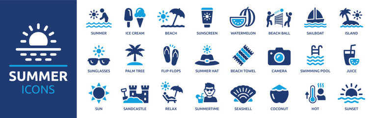 Summer icon set. Containing beach, sun, swimming, sunscreen, sunglasses, palm tree, ice cream and swimming pool icons. Solid icon collection. Vector illustration. - obrazy, fototapety, plakaty