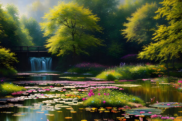 a landscape with a pond in the impressionist style trending - obrazy, fototapety, plakaty