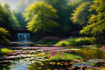 Fotobehang a landscape with a pond in the impressionist style trending © solution