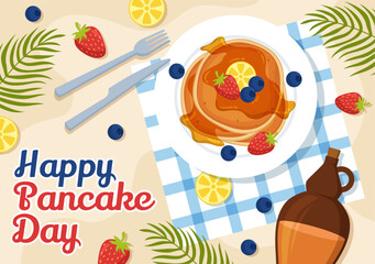 Pancake Day Vector Illustration a Plate of Pancakes Topped with Syrup, Cherries and Blueberries in Homemade Bakery Flat Cartoon Hand Drawn Templates
