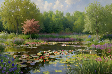 a landscape with a pond in the impressionist style trending