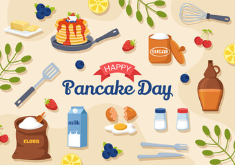 Pancake Day Vector Illustration a Plate of Pancakes Topped with Syrup, Cherries and Blueberries in Homemade Bakery Flat Cartoon Hand Drawn Templates