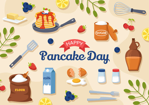 Pancake Day Vector Illustration a Plate of Pancakes Topped with Syrup, Cherries and Blueberries in Homemade Bakery Flat Cartoon Hand Drawn Templates