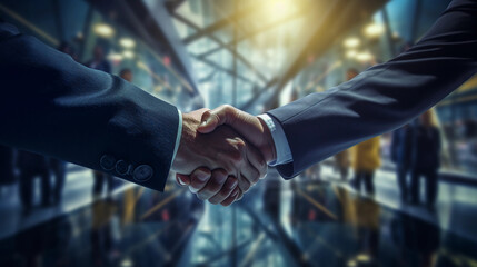 two businessmen shake hands in professional conditions and following the signing of a contract created by generative AI