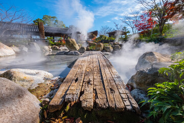 Beppu, Japan - Nov 25 2022: Oniishibozu Jigoku hot spring in Beppu, Oita. The town is famous for...