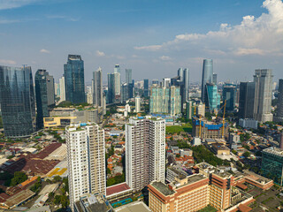Naklejka premium Jakarta business district view from above in Indonesia capital city with many modern skyscrapers. Indonesia.