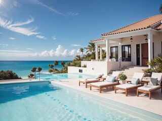 Fototapeta premium Luxurious Mediterranean-style Villa with pool and lounge chairs, on the horizon you can see the sea. - AI Generative