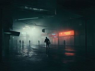 Silhouette of a person walking in the dark streets of the city illuminated by the signs of the businesses- AI Generative