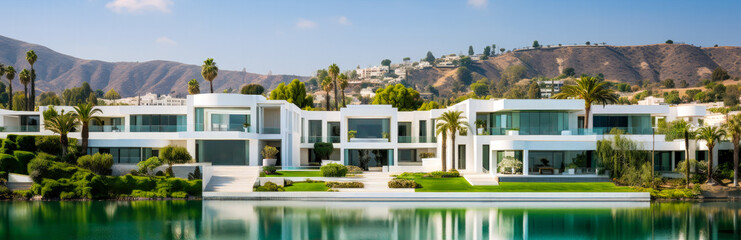 A large waterfront luxury mansion in the hills of Los Angeles with modern architecture. It has great views of the mountain and lake. A great summer vacation rental.
