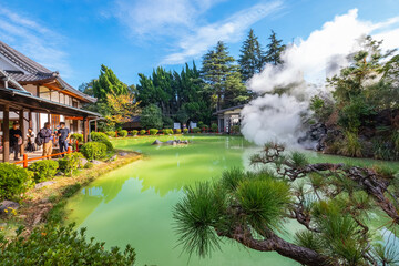Beppu, Japan - Nov 25 2022: Shiraike Jigoku hot spring in Beppu, Oita. The town is famous for its...