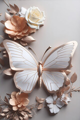 Virtual invitation card of Beautiful butterflies with white flowers 3d rendering paper background Generative AI