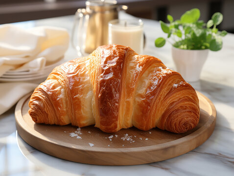 photography of french croissant on the white marble table AI generated