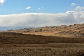 High hills on the edge of the autumn steppe with dried grass in the shade from low clouds on a sunny day.
