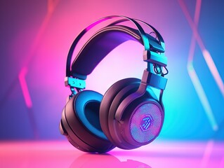 Commercial photography of cyberpunk headphones pastel neon background  triadic color grading