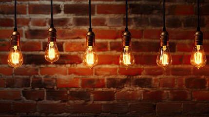 glowing lightbulbs hang on cords from the ceiling below in the background is a brick wall. Generative AI