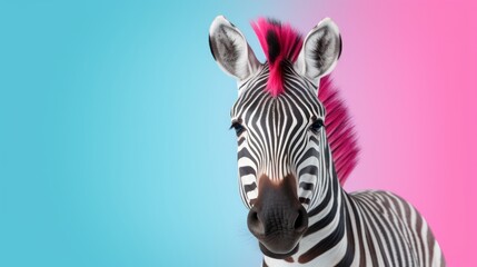 Close up portrait of zebra with pink neck hair. Gradient blue and pink background with copy space