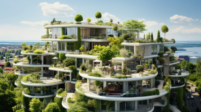 modern ecological apartments of a big city. houses with many green plants. Generative AI
