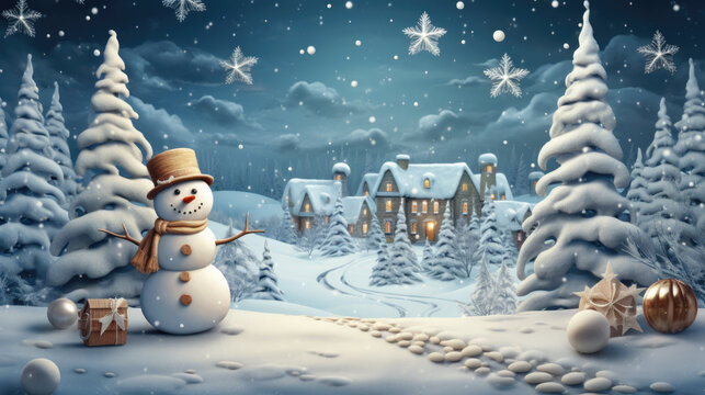 creative illustration of a snowman and a decorated fir tree in the background you can see a small town covered with white snow. christmas winter concept. Generative AI