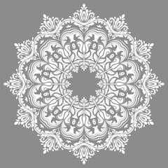 Oriental vector ornament with arabesques and floral elements. Traditional classic ornament. Vintage round gray and white pattern with arabesques