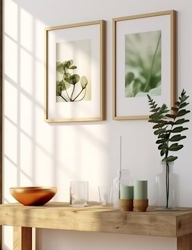 An illustration of a poster frame mock-up in home interior background with commode and decor in the living room, 3D render. Made with Generative AI technology