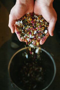 Two hands pour craft beer flavor ingredients including coconut, flowers and herbs