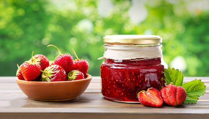 strawberry jam in jar and bowl, fresh berries on wooden table with green blurred natural background. Preserved fruits