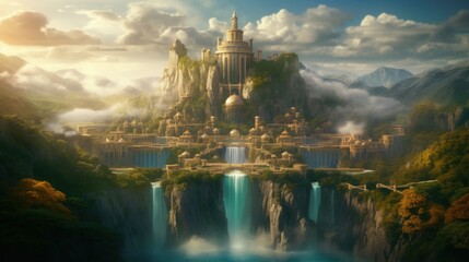 Fototapeta premium Fairytale fantasy city with waterfalls in the mountains at dawn in the morning. Ai generation