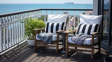 Outdoor Summer Terrace Or Balcony With Wicker Furniture In Vintage Style. Mediterranian Sea View.