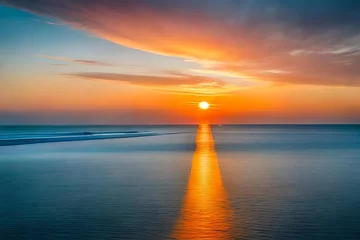 Photo sur Plexiglas Réflexion Landscape of the vast ocean with reflected rays of sunlight setting over the water. Golden sun at the end of the day in summer season