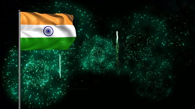 India Flag Background with flagpole and fireworks. India Flag Waving animation, great for India Republic Day, Independence Day, New Year and more India event. Loop waving flag