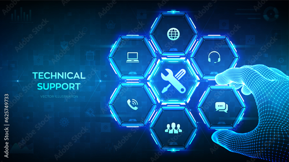 Wall mural technical support. customer help. customer service, business and technology concept. wireframe hand 