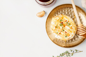 Plate with tasty baked Camembert cheese on grey background