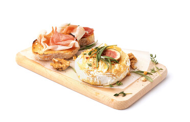 Wooden board with tasty baked Camembert cheese on white background