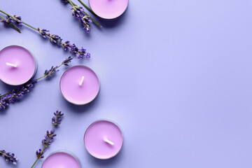 Composition with candles and lavender flowers on color background