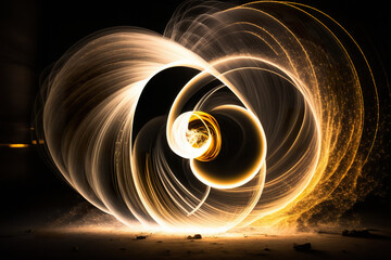 Light motion illustration. Image with a variety of light sources in abstract long exposure. Light movement captured in depth of field. Lights in circles. Realistic 3D illustration. Generative AI