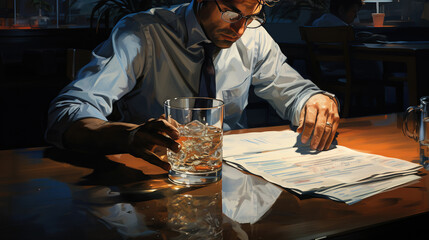 Alcoholism at work. Tired employee drinking alcohol at workplace.