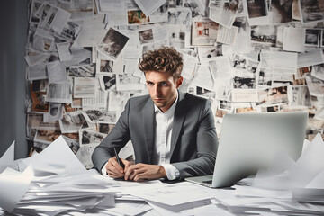 Portrait of business man with stack of papers in the office. Overwork and stress at work concepts.
