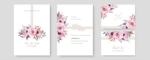 Fototapeta na wymiar Beautiful watercolor wedding invitation template. Pink leave and flower background. Greeting card.