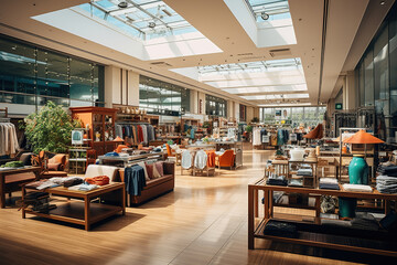 Department Stores: Large retail stores that offer a diverse range of products, from clothing and accessories to home goods and electronics. - obrazy, fototapety, plakaty