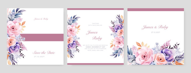 Watercolor wedding invitation template with romantic purple violet floral and leaves decoration