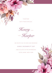 wedding invitations with pink elegant flowers and leaves