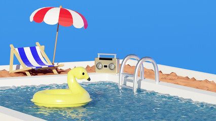 Side view of sunny swimming pool on summer vacation with simple concept from 3D render design.