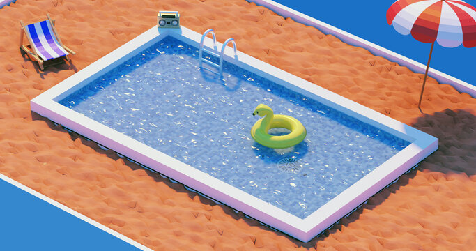 Top view of sunny swimming pool on summer vacation with simple concept from 3D render design.