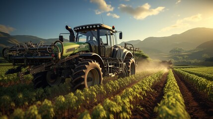 Environmentally Friendly Farming: Tractor Pesticide Application - obrazy, fototapety, plakaty