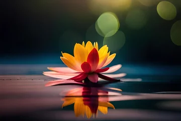 Foto op Canvas Pink lotus flower on night with blurred background. Calm water reflection and relax © Agry