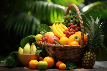 Wicker basket full of assorted tropical fruits on green leaves background