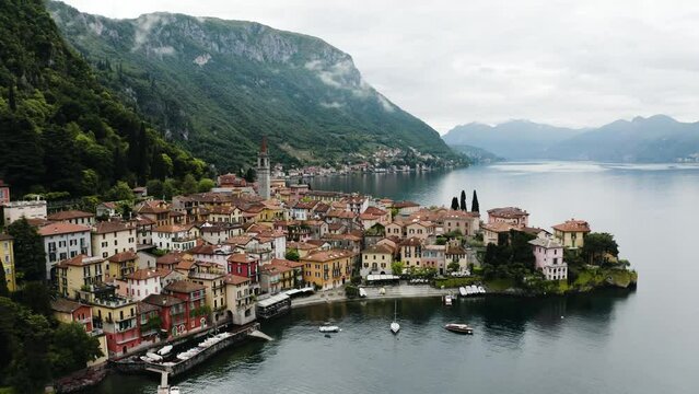 Drone shot of Varenna, Italy on the coastline of Lake Como.